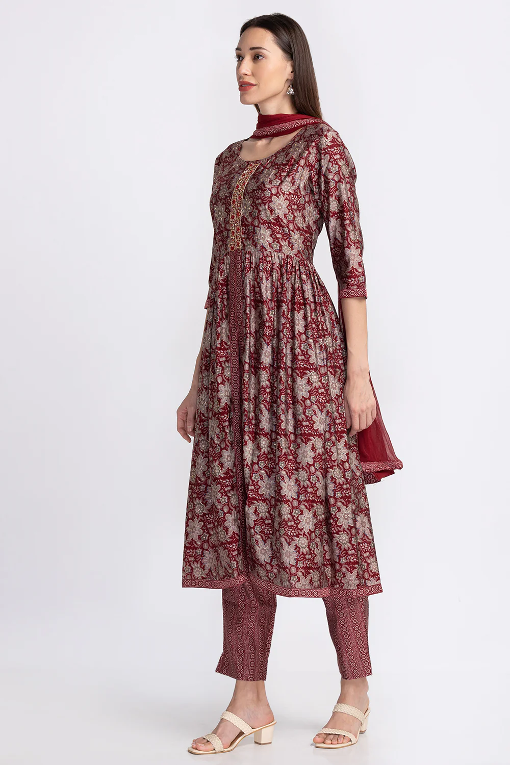 Neerus Embroidered A-Line Kurta with Trousers With Dupatta - Image 3