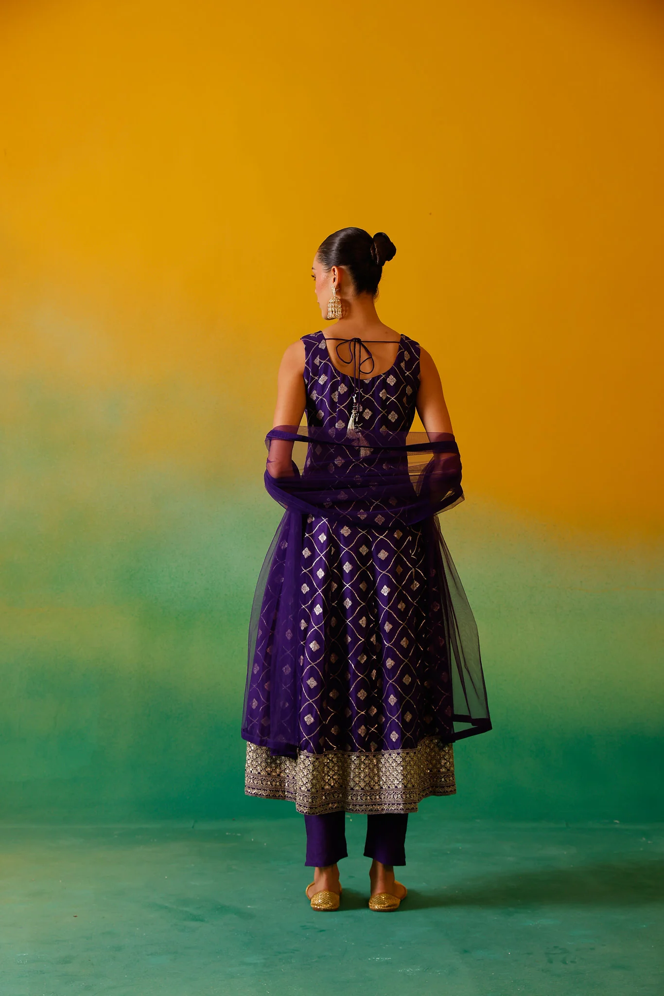 Neerus Purple Embroidery Banaras Fabric Kurta and Trouser with Dupatta - Image 4