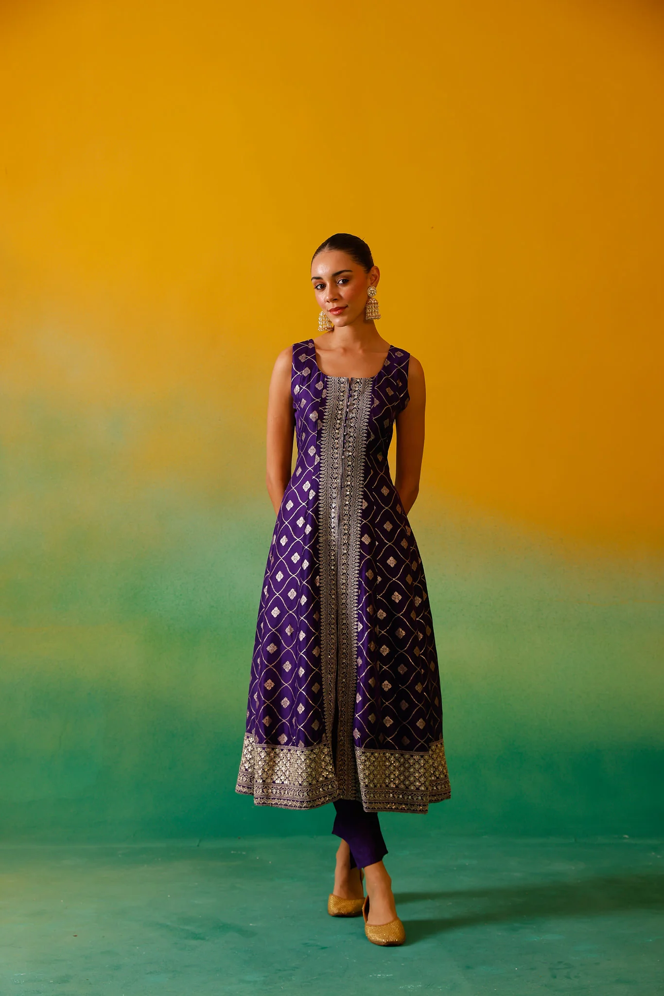 Neerus Purple Embroidery Banaras Fabric Kurta and Trouser with Dupatta - Image 6