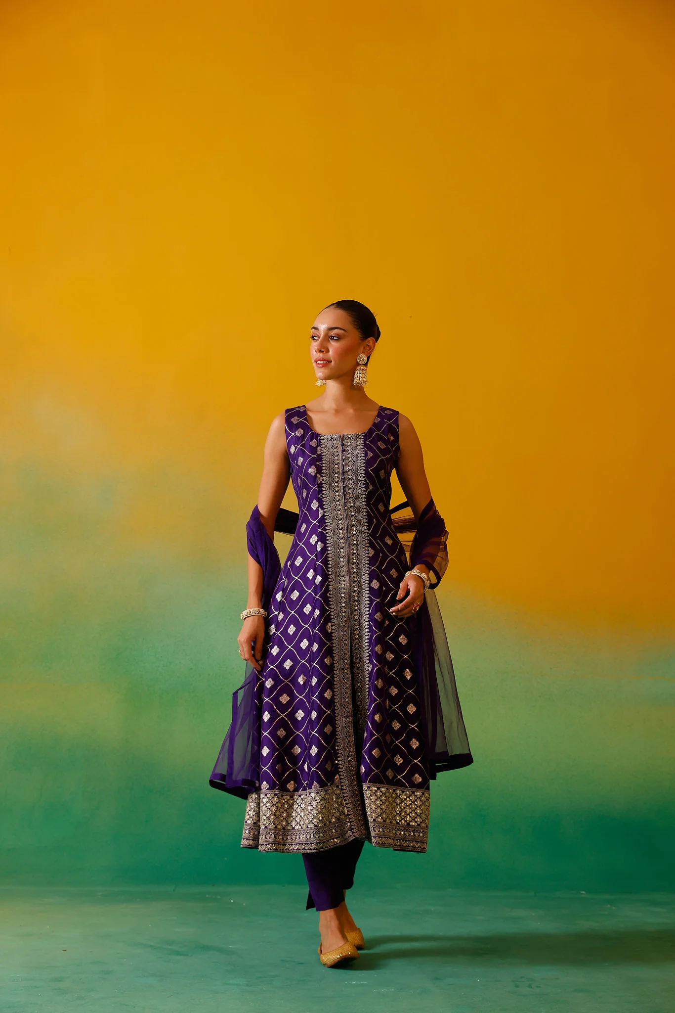 Neerus Purple Embroidery Banaras Fabric Kurta and Trouser with Dupatta - Image 7