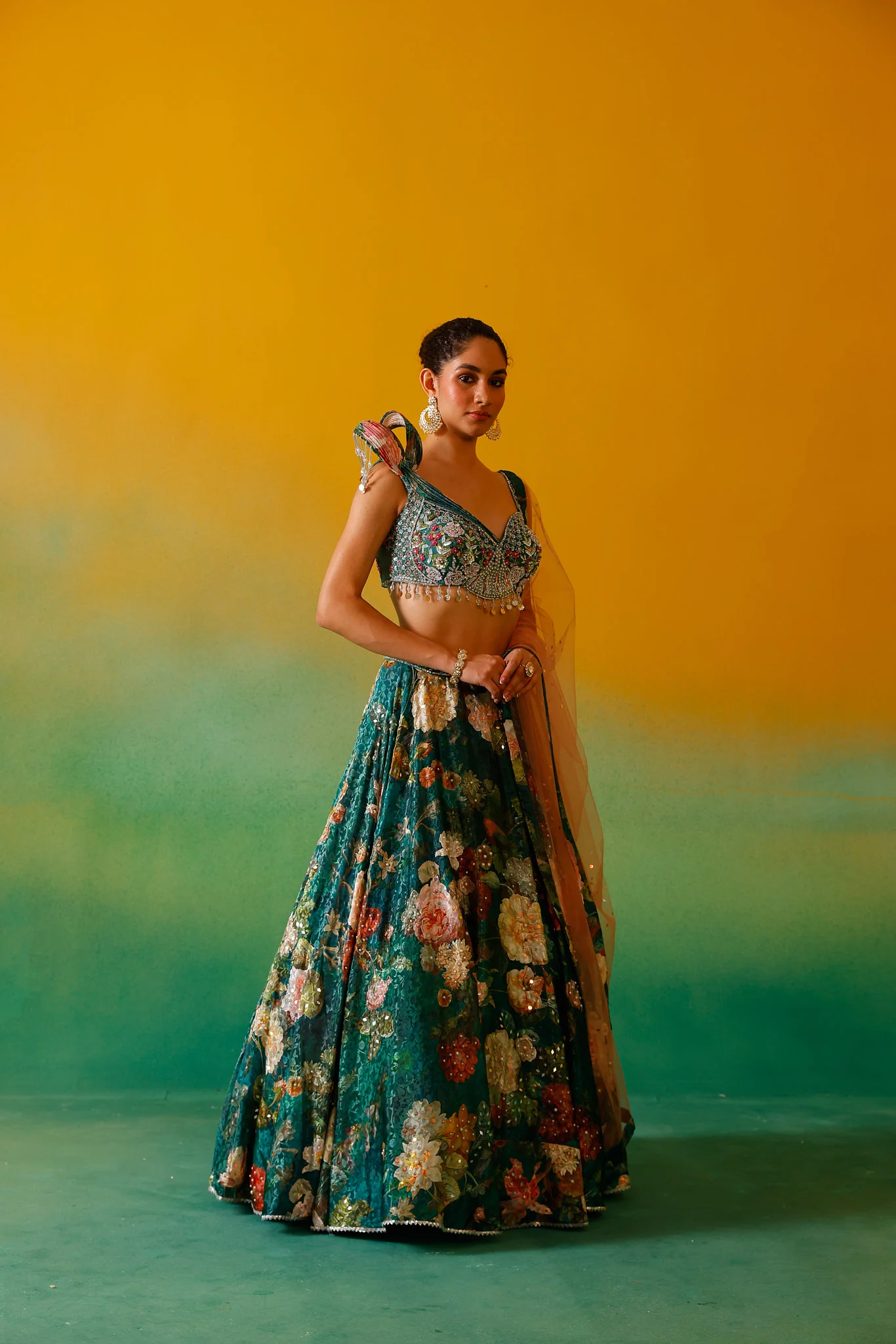 Neerus Bottle Green Embroidery work Satin Fabric Ghagra Set - Image 11