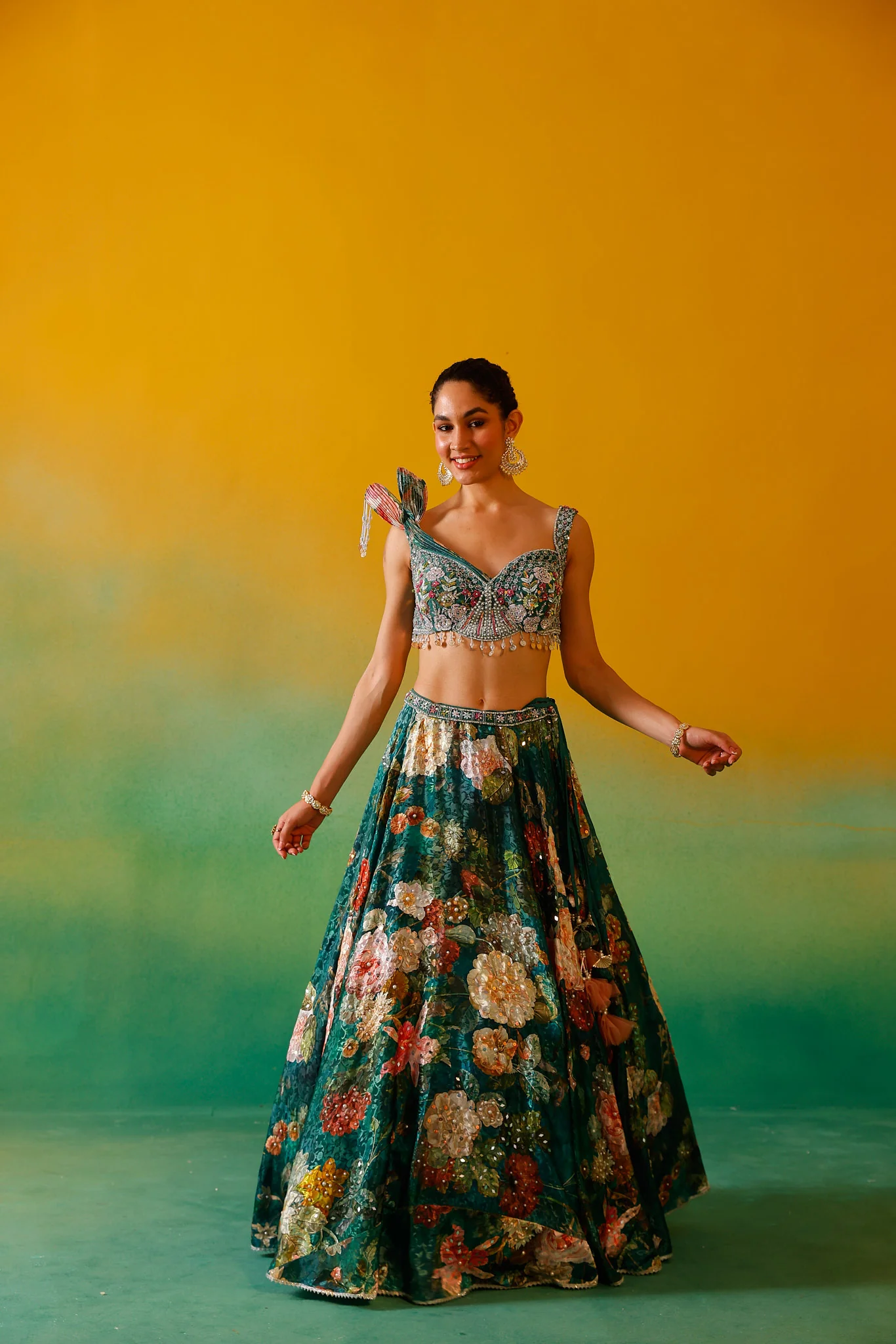Neerus Bottle Green Embroidery work Satin Fabric Ghagra Set - Image 12