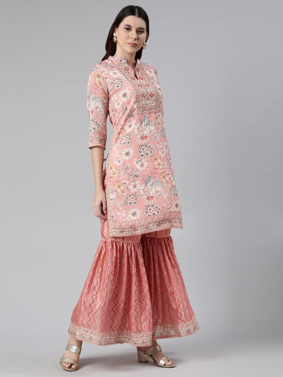Neerus Ethnic Motifs Embroidered Thread Work Kurta with Sharara With Dupatta - Image 2