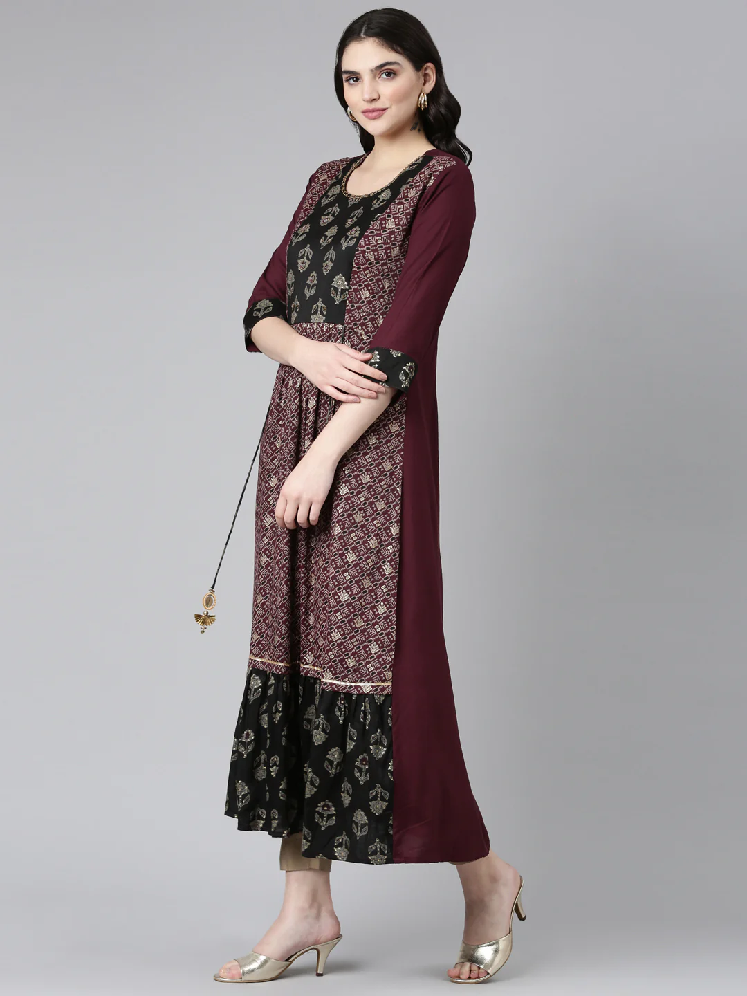 Neerus Ethnic Motifs Printed Mirror Work  Gathered A Line Kurta - Image 2