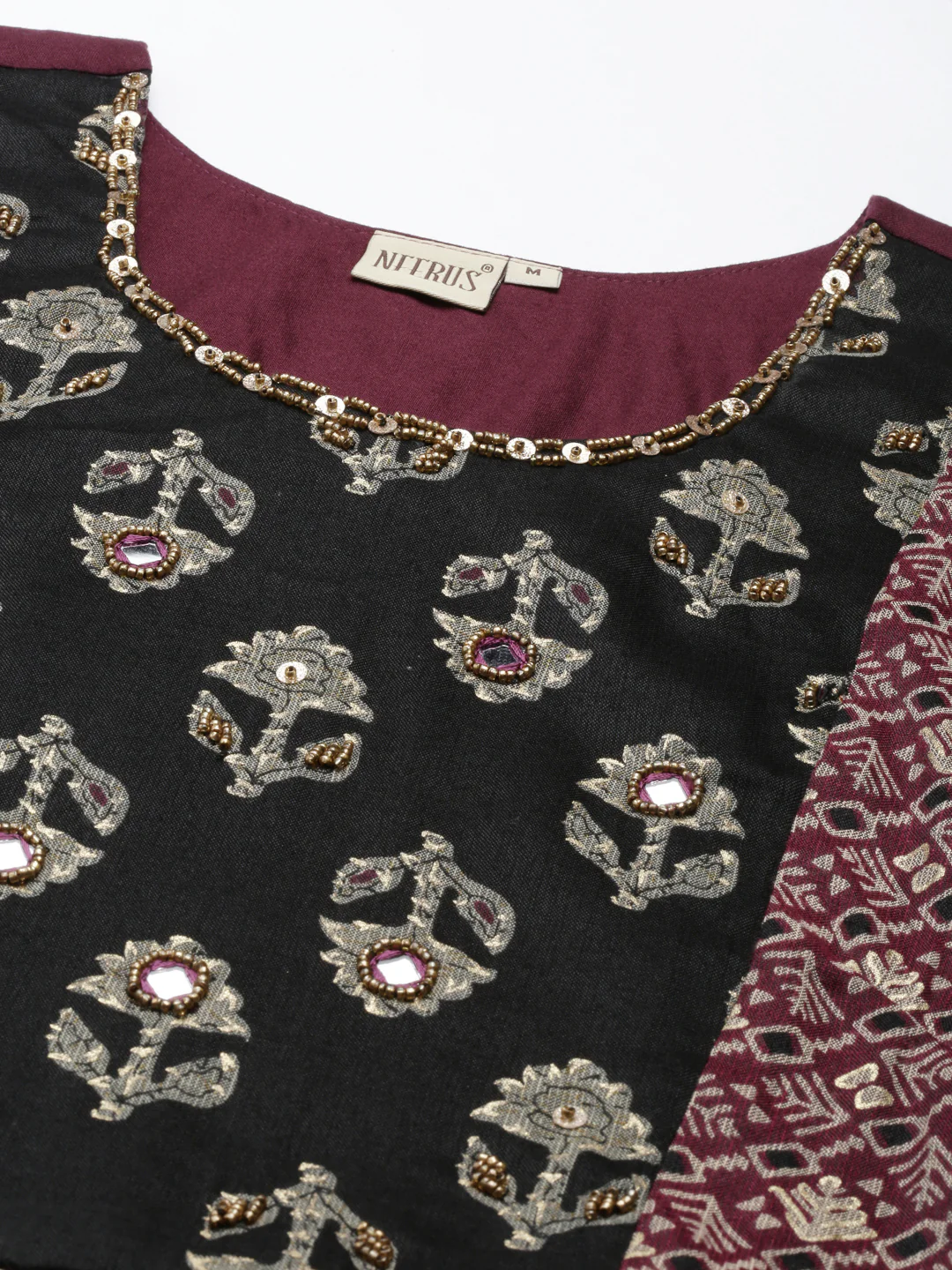 Neerus Ethnic Motifs Printed Mirror Work  Gathered A Line Kurta - Image 4