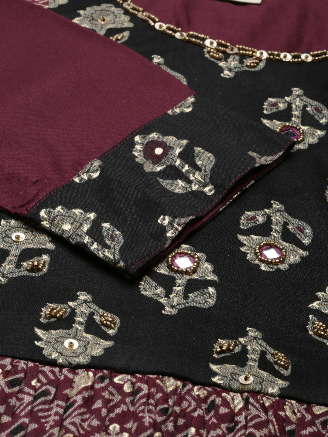 Neerus Ethnic Motifs Printed Mirror Work  Gathered A Line Kurta - Image 5