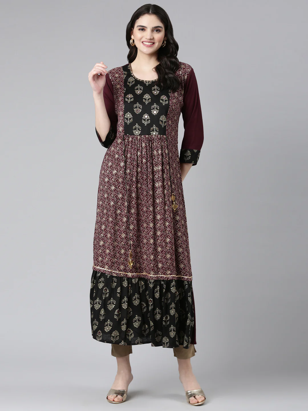 Neerus Ethnic Motifs Printed Mirror Work  Gathered A Line Kurta - Image 6