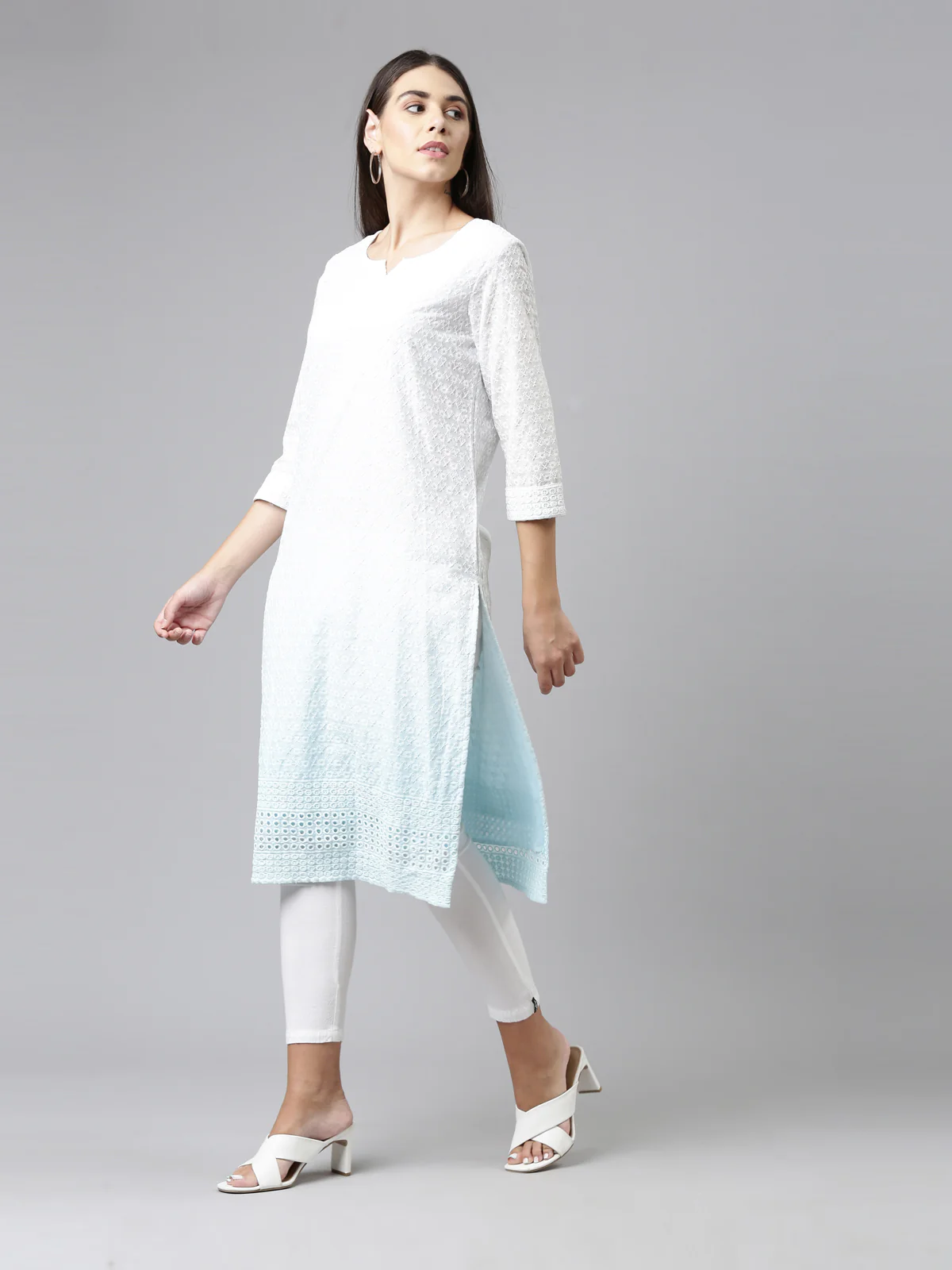 Neerus Ferozi Color Chiken Fabric Kurta - Image 2