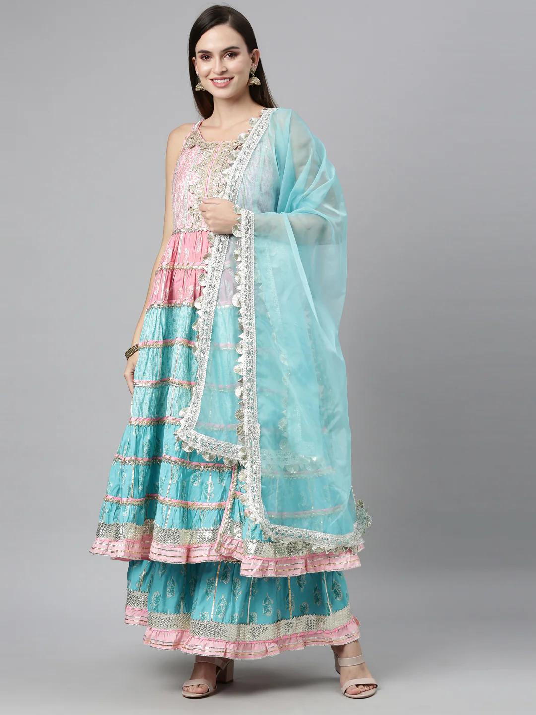 Neerus Ferozi Color Jute Cotton Fabric Kurta Sets With Dupatta
