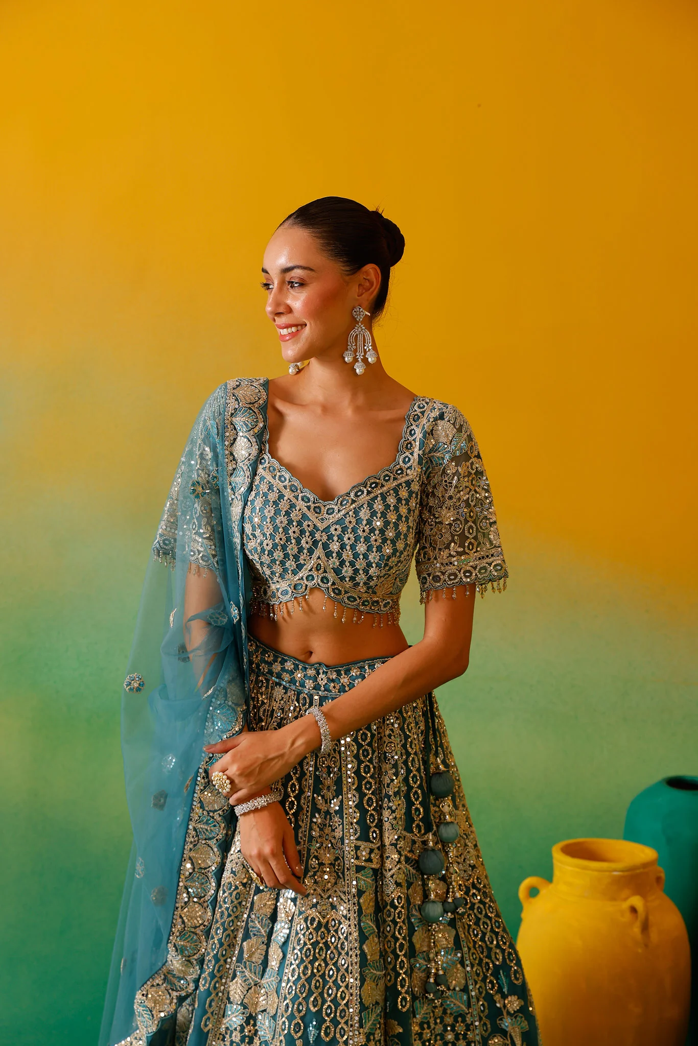 Neerus Ferozi Embroidery work Nett Fabric Ghagra Set. - Image 14