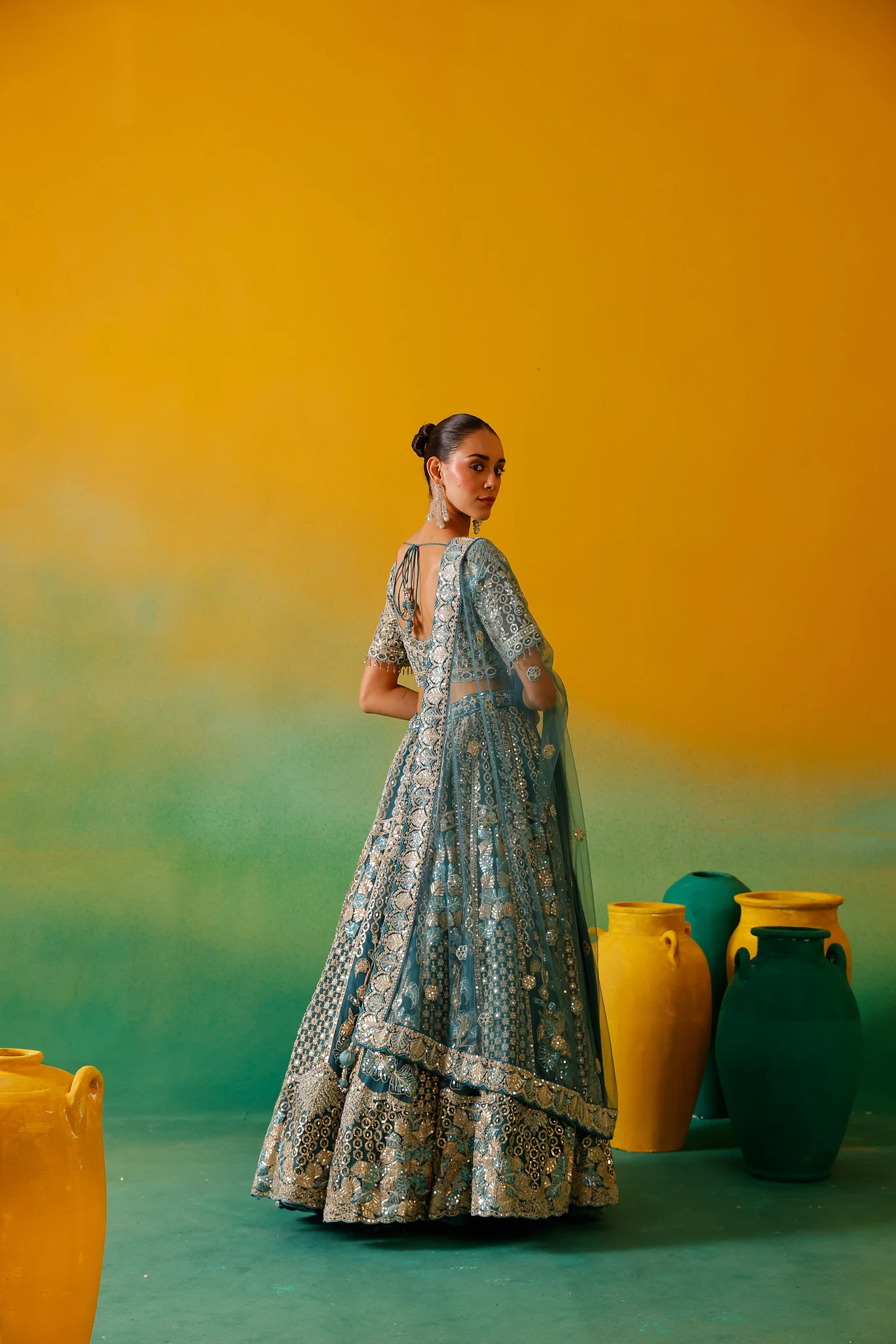Neerus Ferozi Embroidery work Nett Fabric Ghagra Set. - Image 3