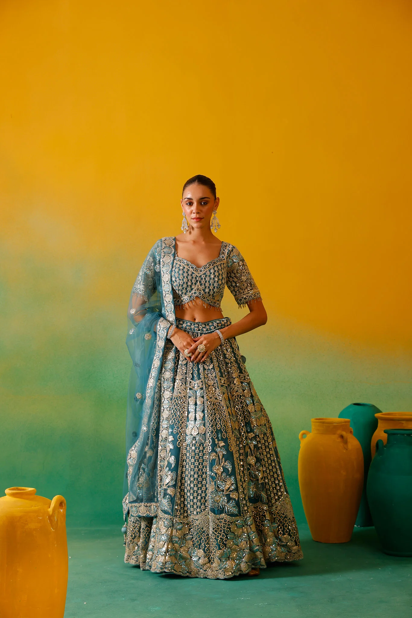 Neerus Ferozi Embroidery work Nett Fabric Ghagra Set. - Image 4