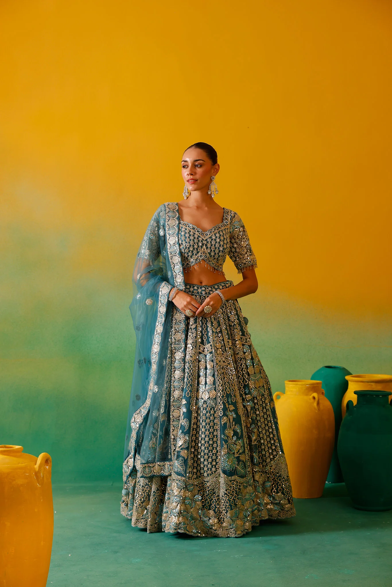 Neerus Ferozi Embroidery work Nett Fabric Ghagra Set. - Image 5