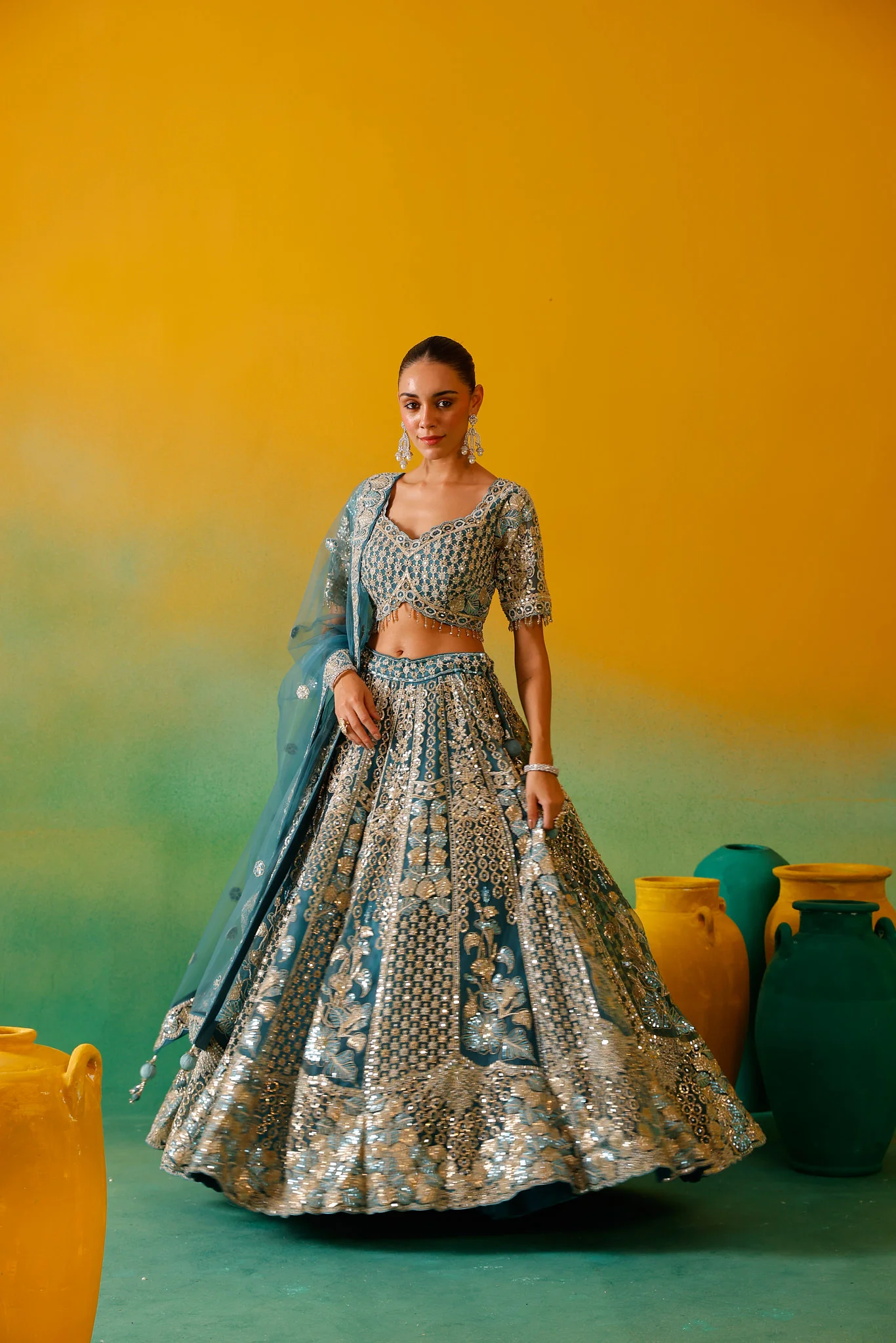 Neerus Ferozi Embroidery work Nett Fabric Ghagra Set. - Image 6