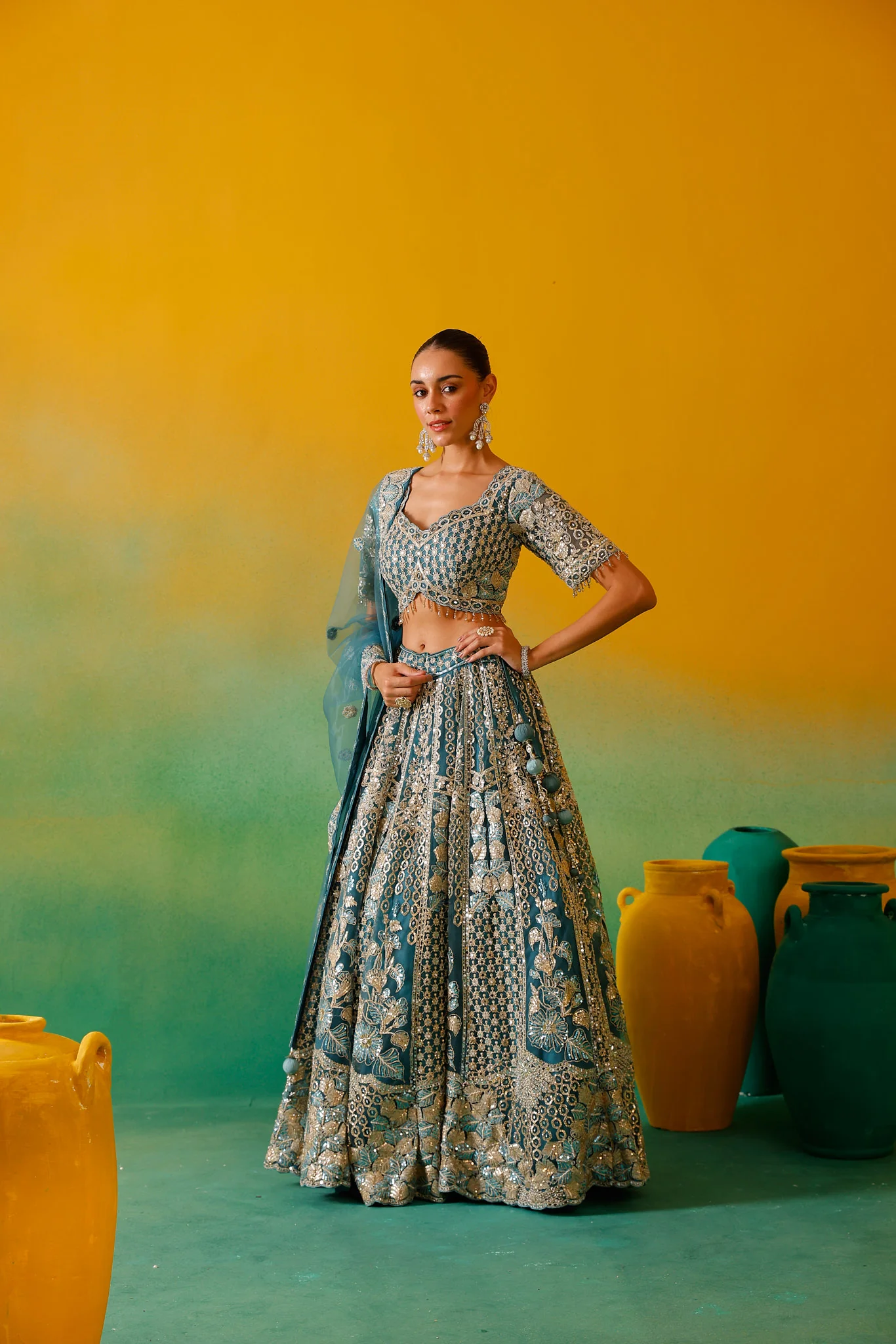 Neerus Ferozi Embroidery work Nett Fabric Ghagra Set. - Image 7