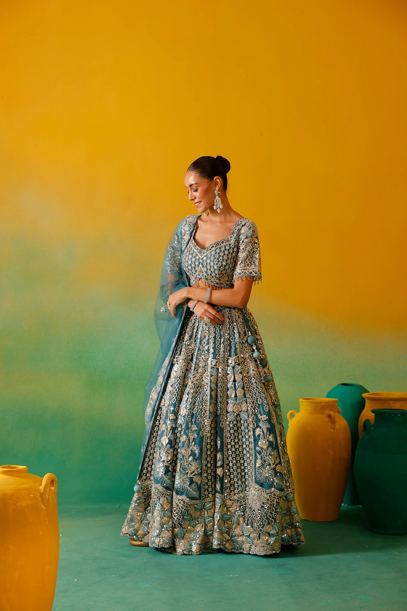 Neerus Ferozi Embroidery work Nett Fabric Ghagra Set. - Image 8
