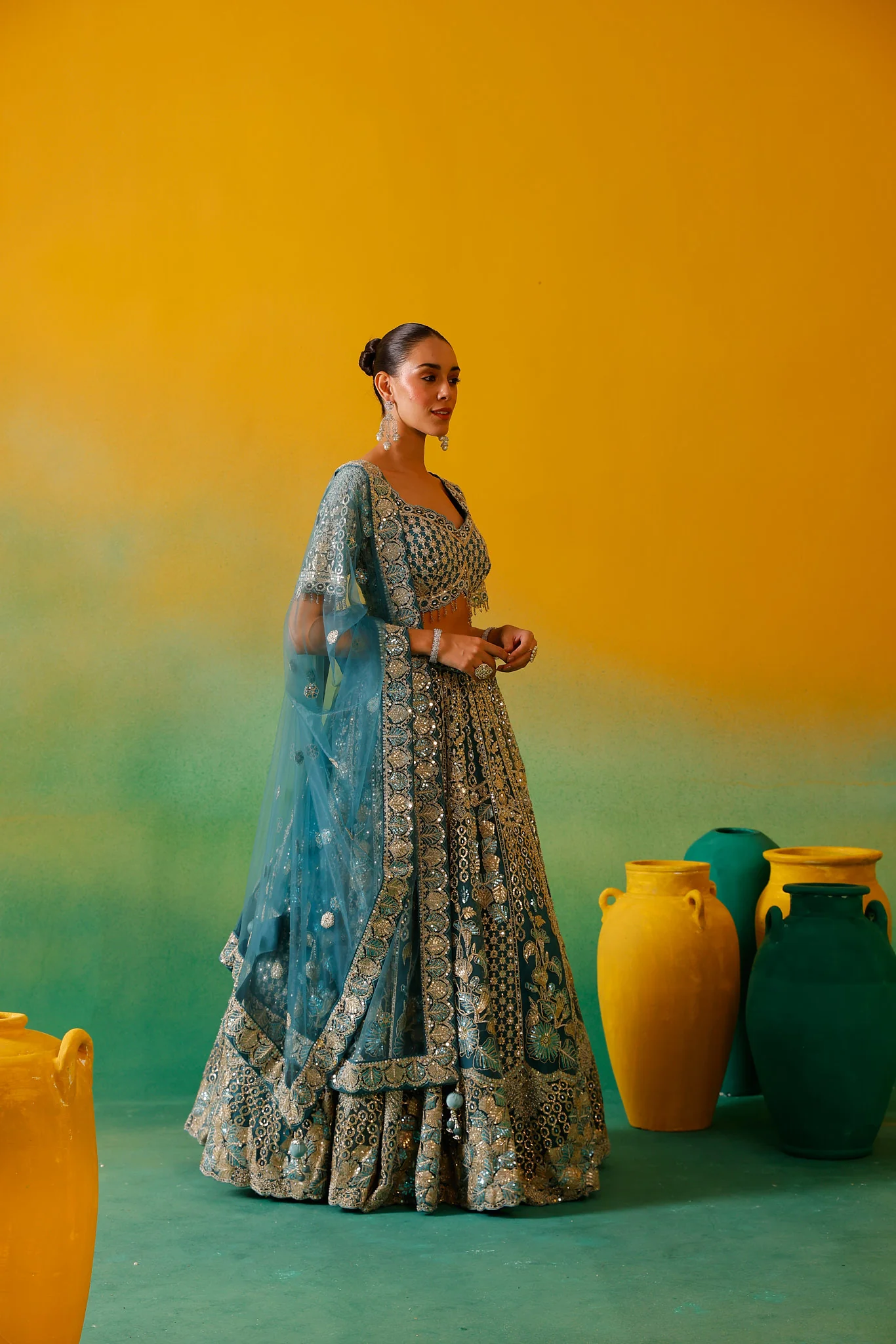 Neerus Ferozi Embroidery work Nett Fabric Ghagra Set. - Image 9