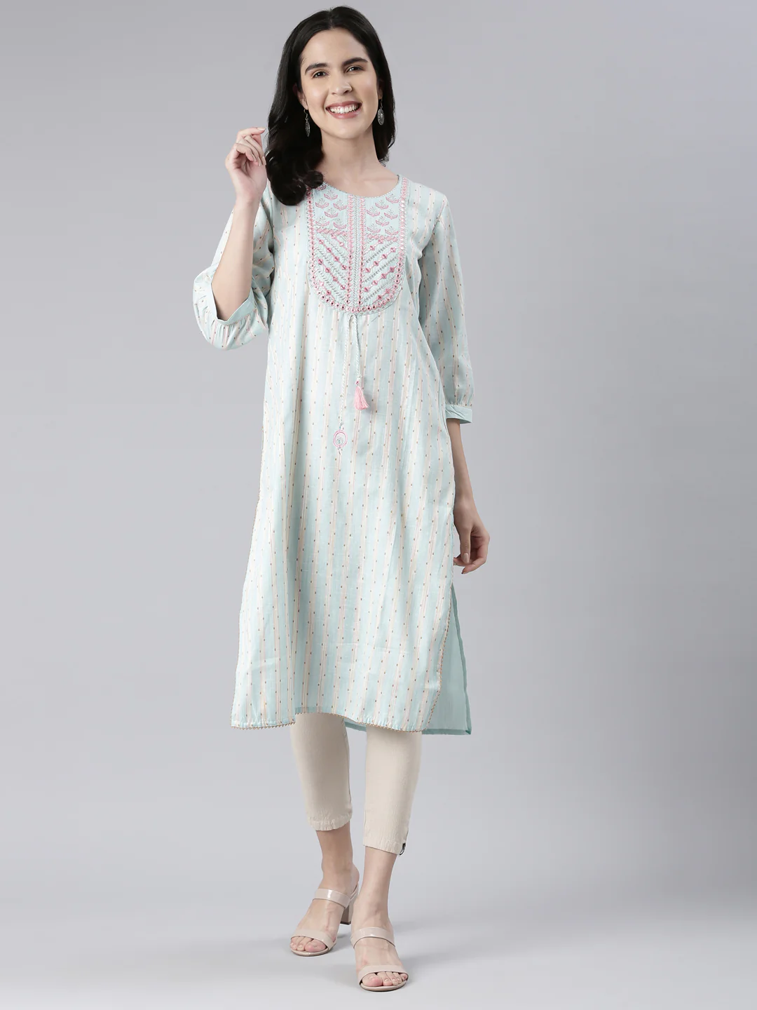 Neerus Ferozi Straight Embroidered Cotton Kurta - Image 5