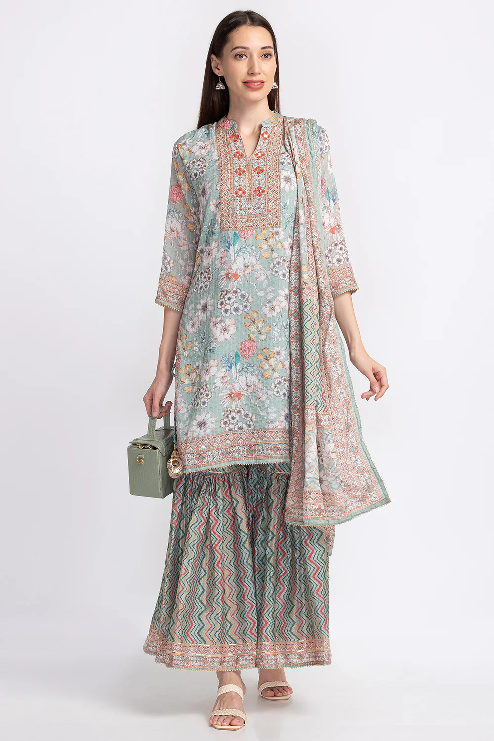 Neerus Floral Embroidered Pleated Sequinned Kurta With Sharara Dupatta - Image 5