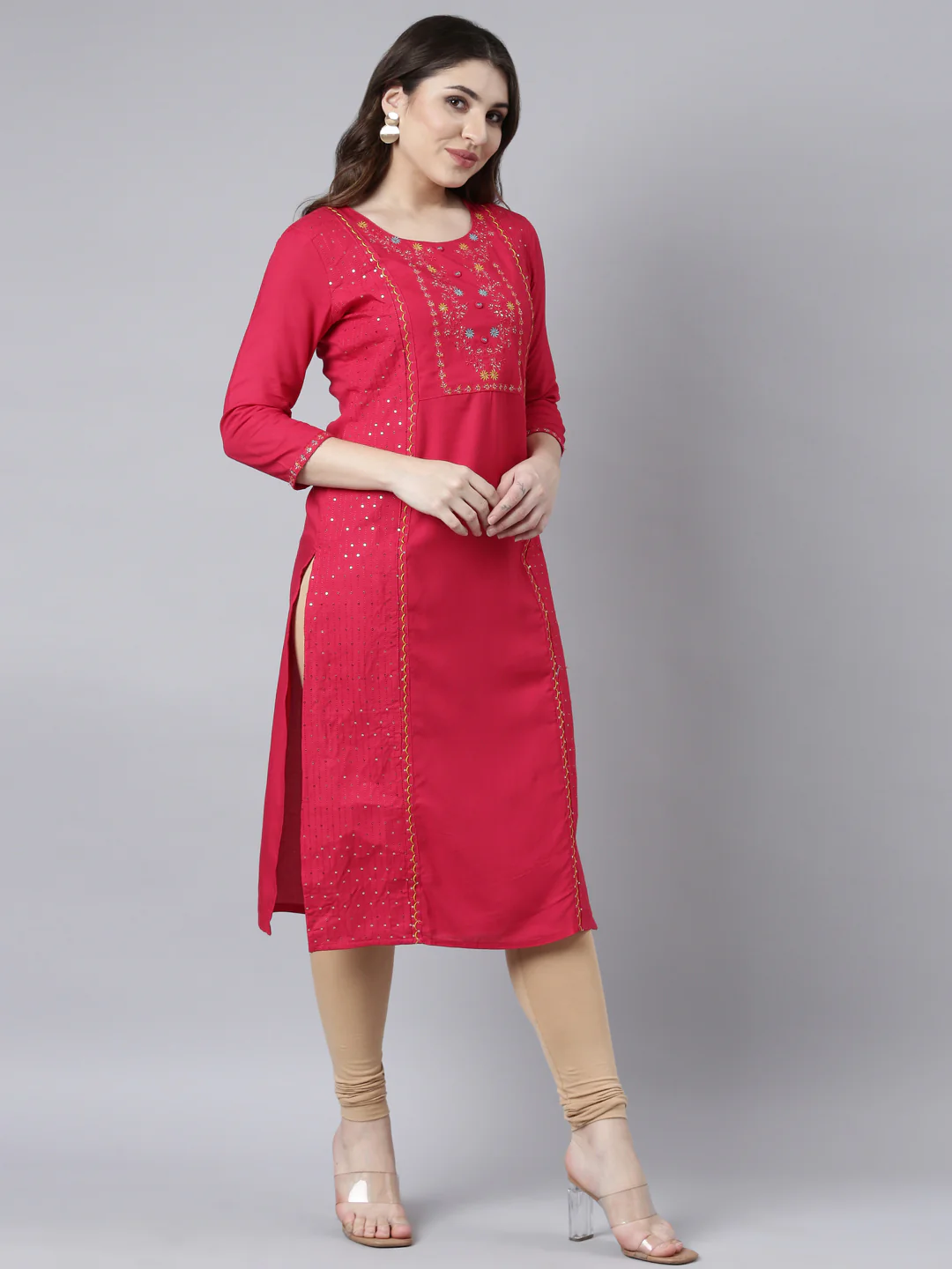 Neerus Floral Embroidered Sequinned Panelled Kurta - Image 2