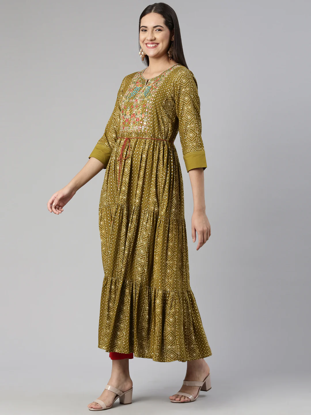 Neerus Floral Keyhole Neck Ethnic Midi Dress - Image 2
