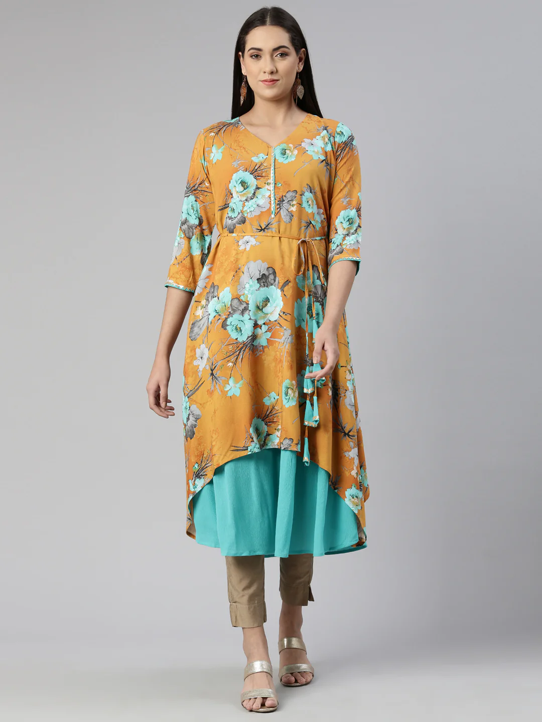 Neerus Floral Printed Layered Ethnic Midi Dress