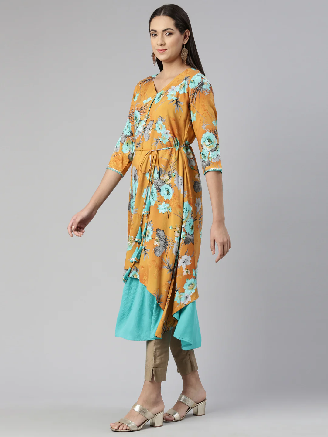 Neerus Floral Printed Layered Ethnic Midi Dress - Image 2