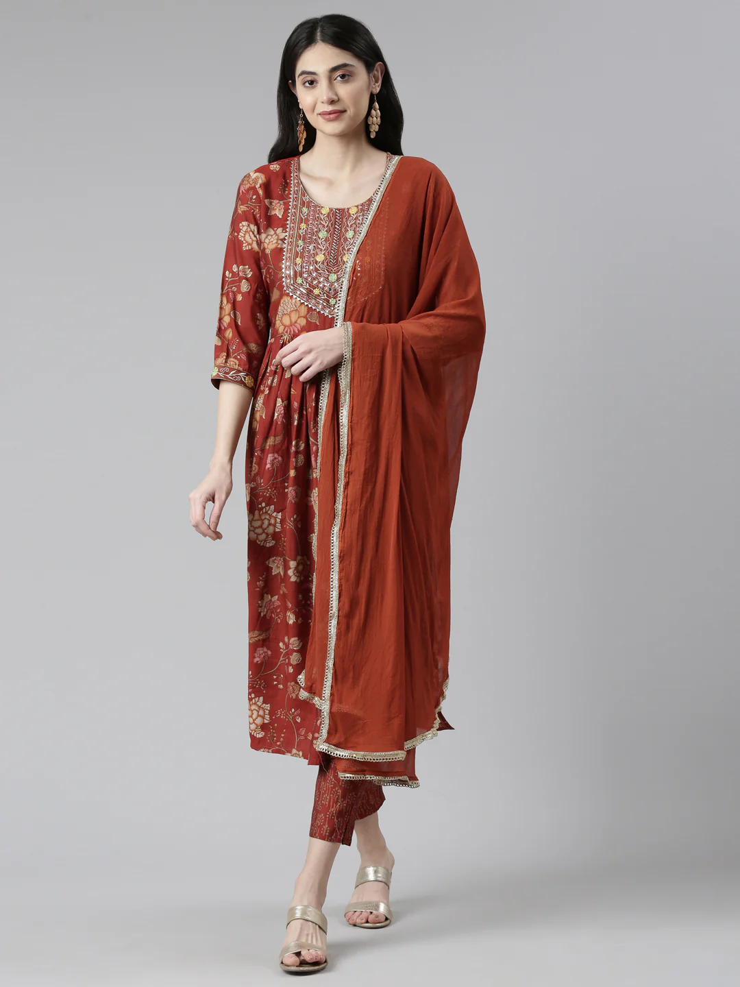 Neerus Floral Printed Pleated Mirror Work Kurta With Trousers & Dupatta