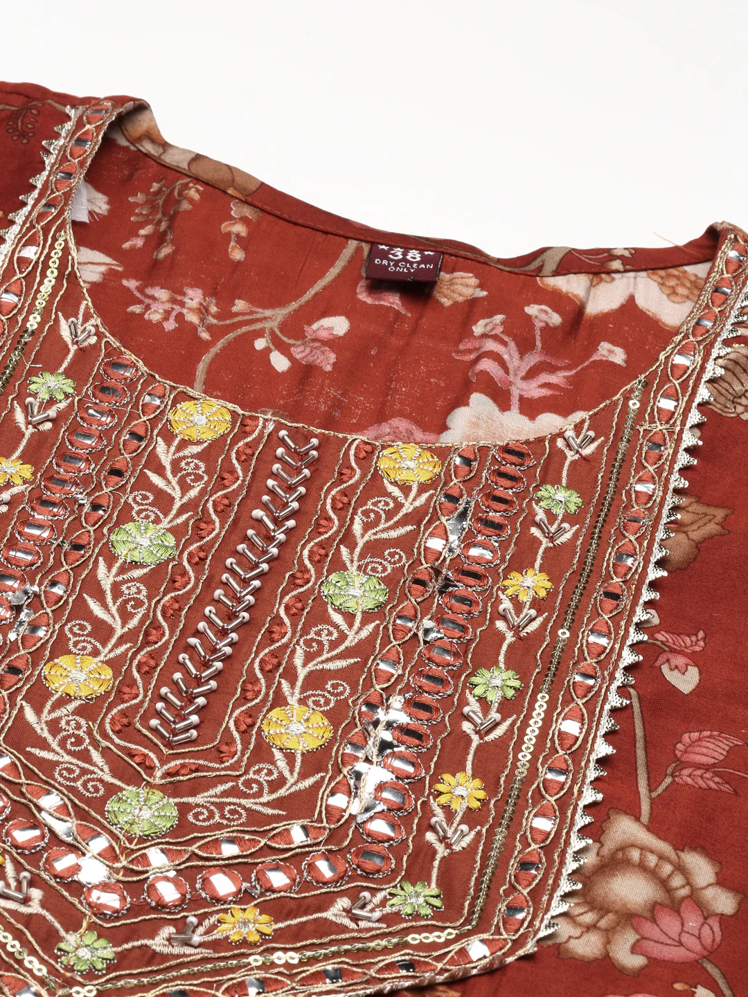 Neerus Floral Printed Pleated Mirror Work Kurta With Trousers & Dupatta - Image 4
