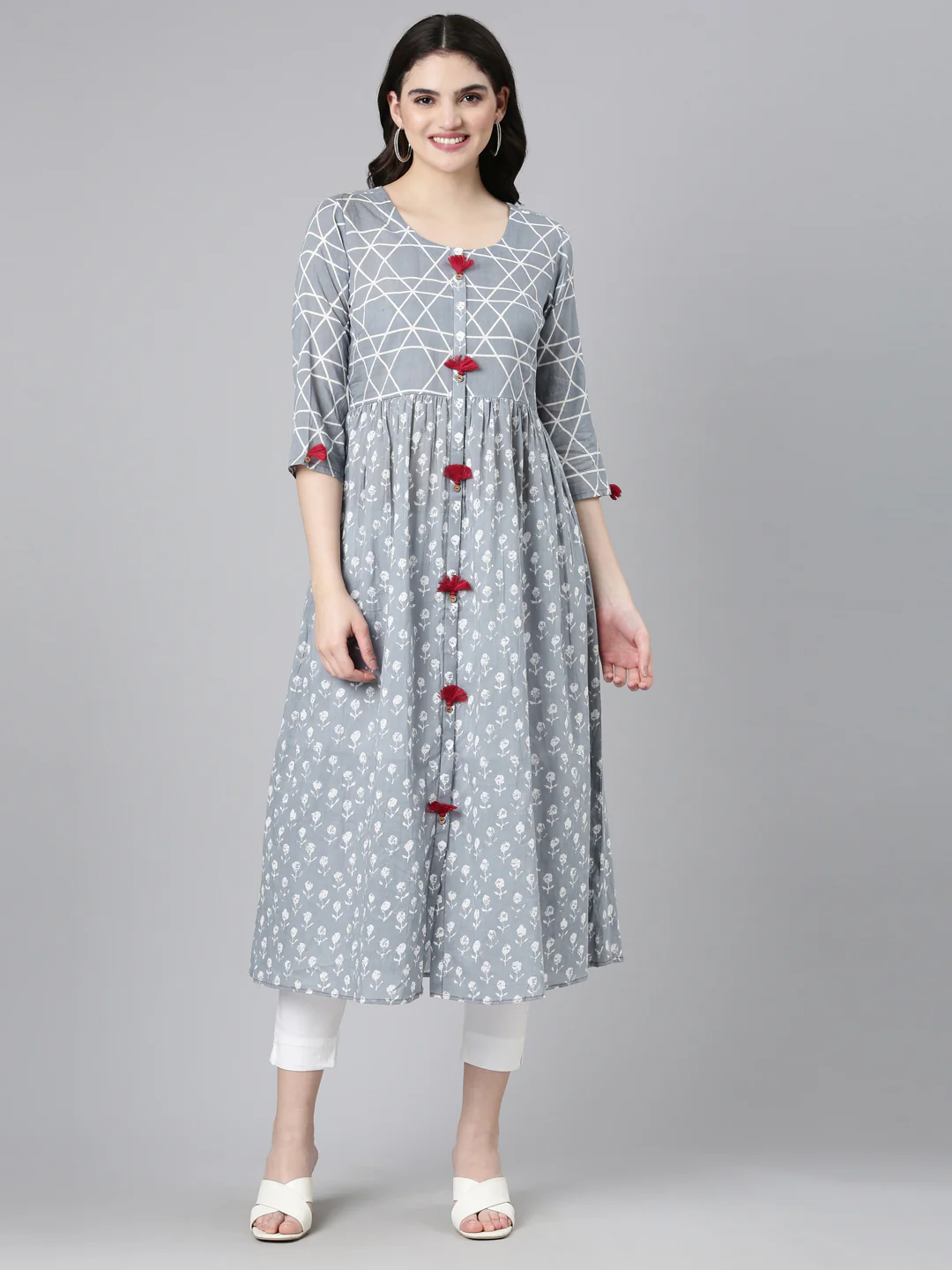 Neerus Floral Printed Round Neck A-Line Cotton Kurta With Trouser
