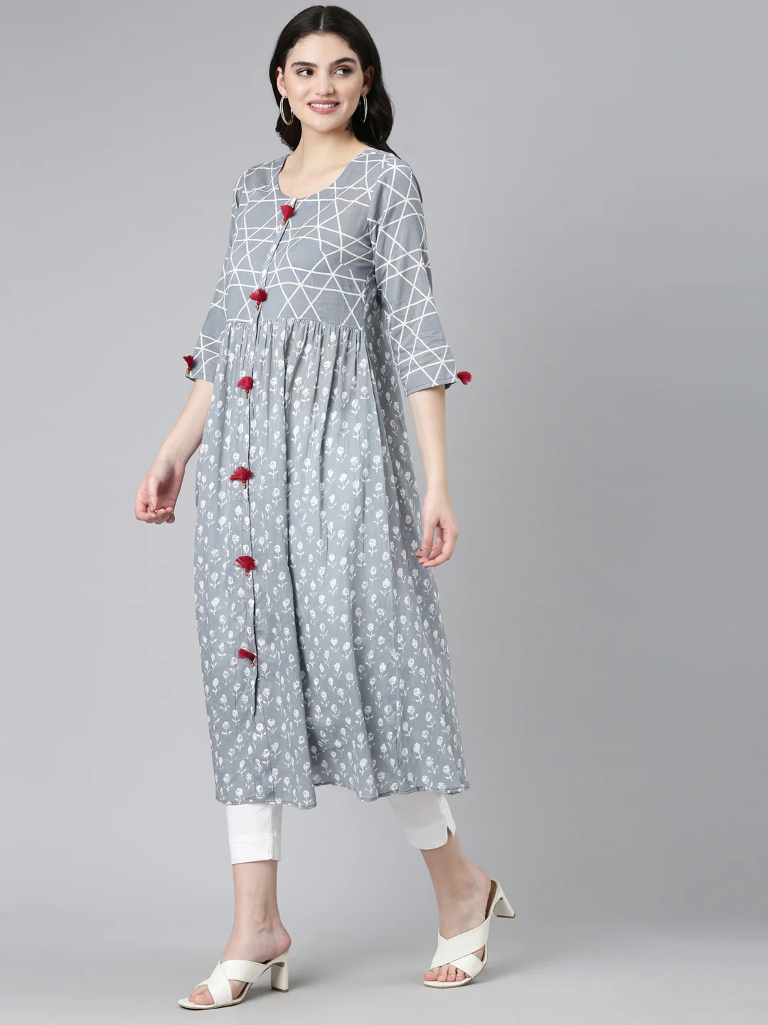 Neerus Floral Printed Round Neck A-Line Cotton Kurta With Trouser - Image 2