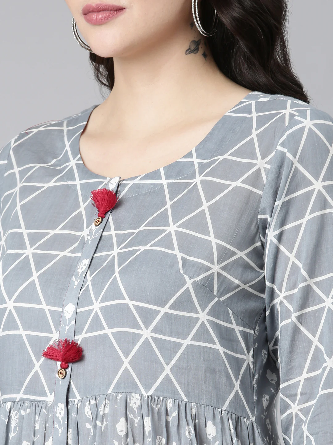 Neerus Floral Printed Round Neck A-Line Cotton Kurta With Trouser - Image 5