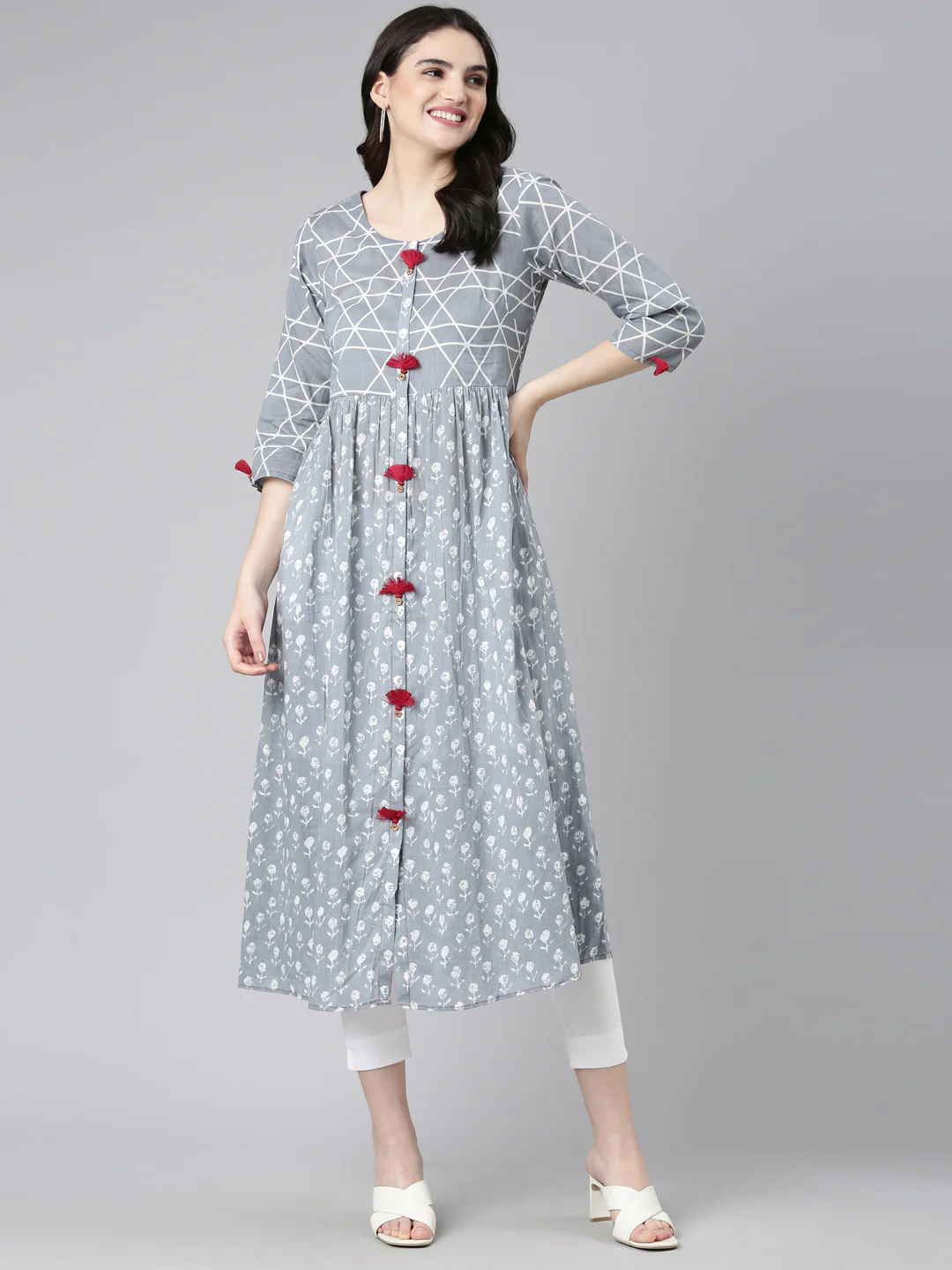 Neerus Floral Printed Round Neck A-Line Cotton Kurta With Trouser - Image 6