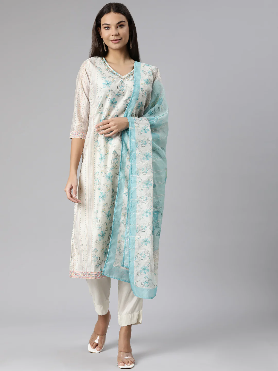 Neerus Floral Printed Sequined Kurta with Trousers Dupatta