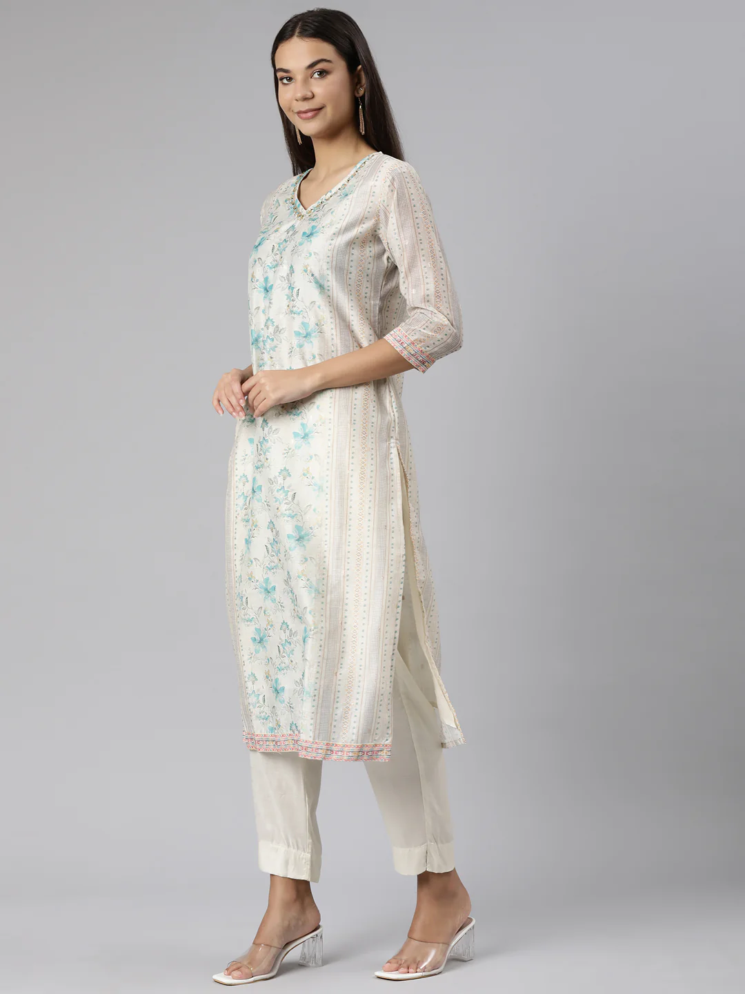 Neerus Floral Printed Sequined Kurta with Trousers Dupatta - Image 2