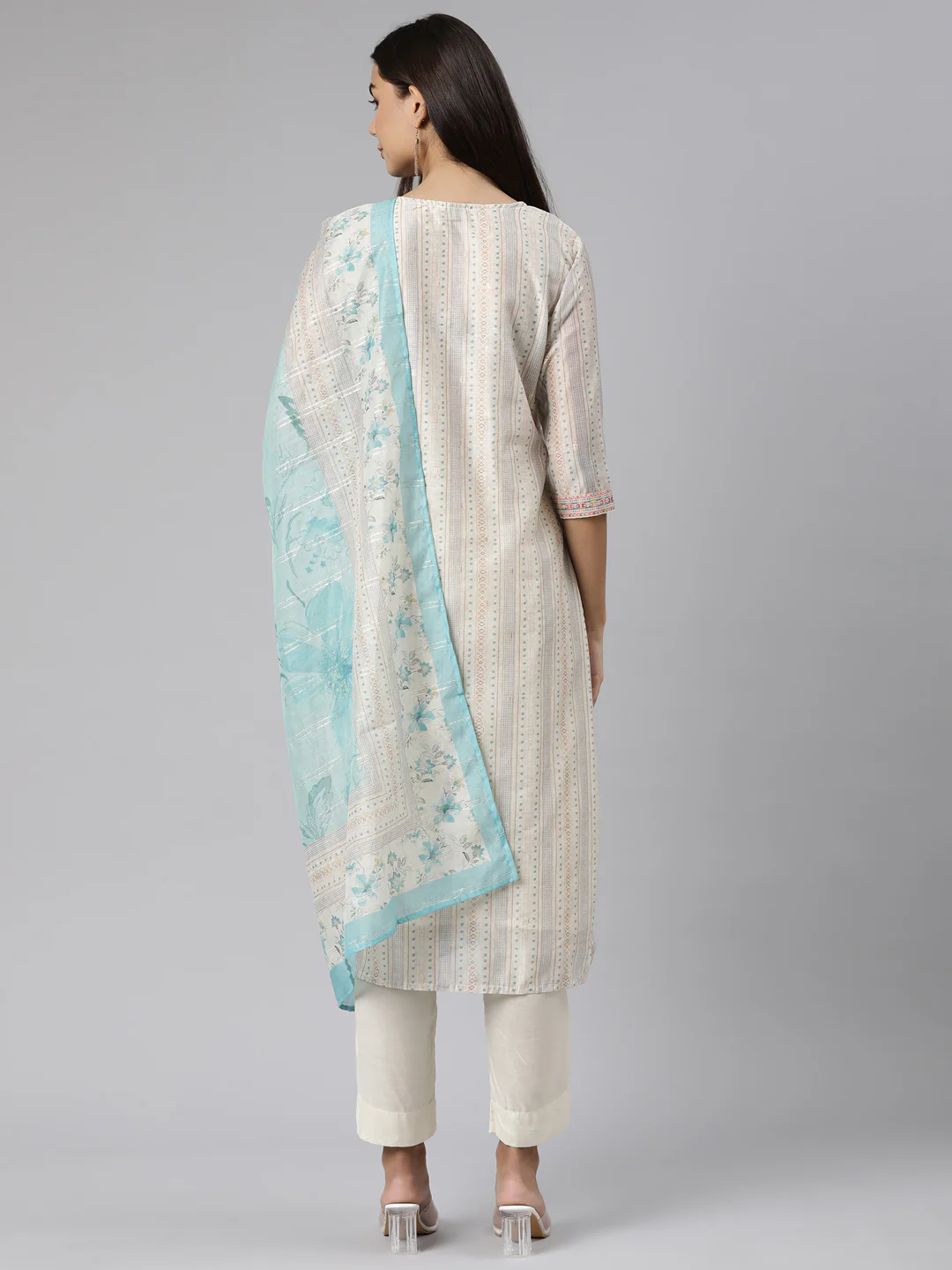 Neerus Floral Printed Sequined Kurta with Trousers Dupatta - Image 3