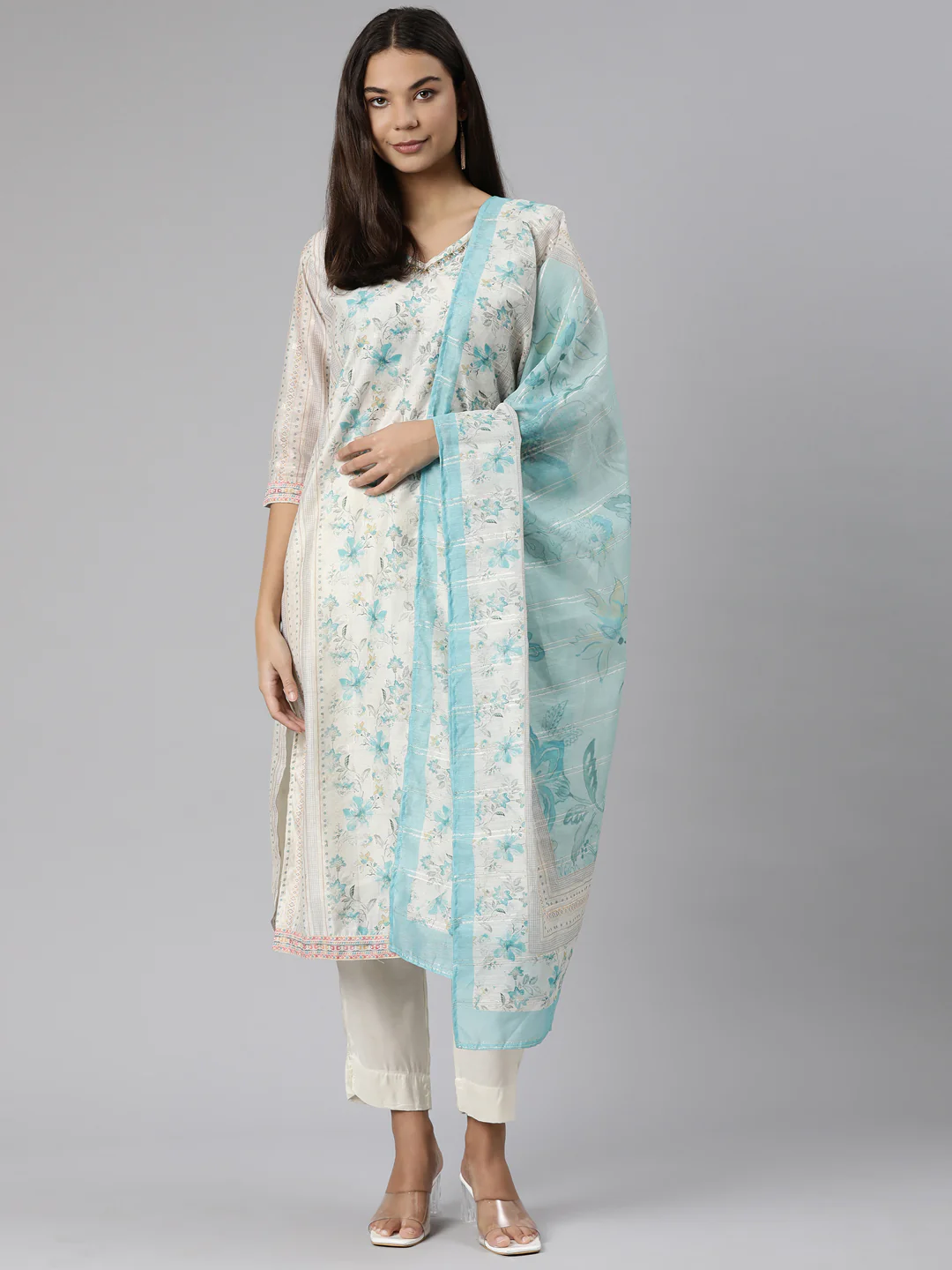 Neerus Floral Printed Sequined Kurta with Trousers Dupatta - Image 5