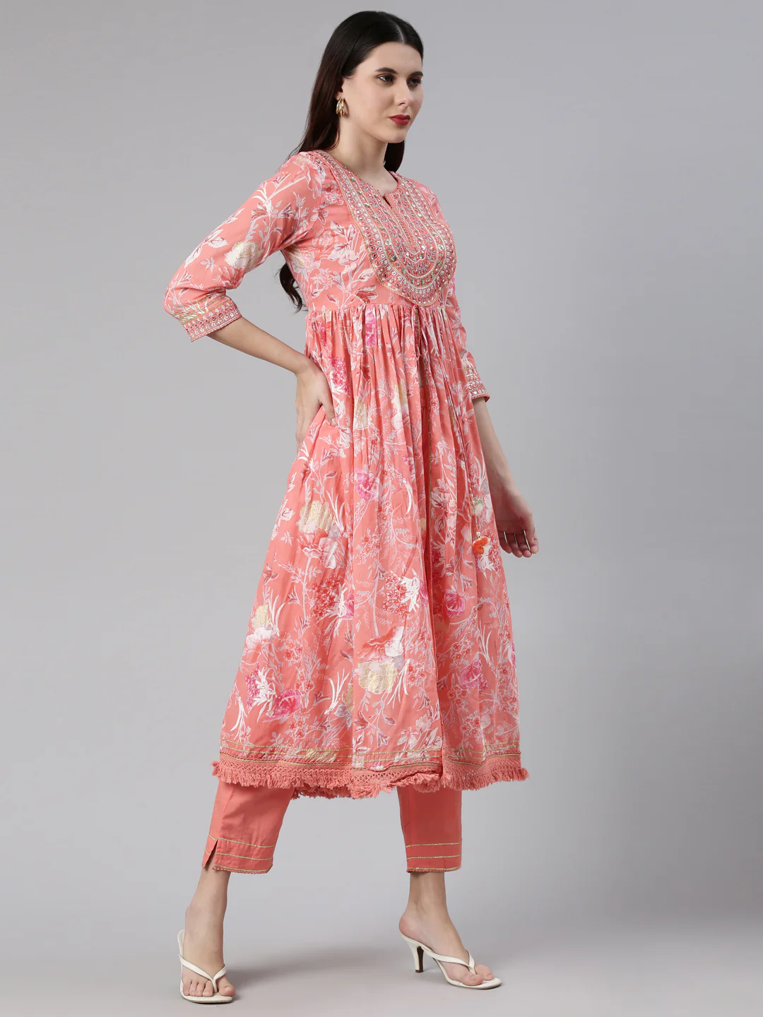 Neerus Floral Printed Thread Work Kurta with Trousers Dupatta - Image 2
