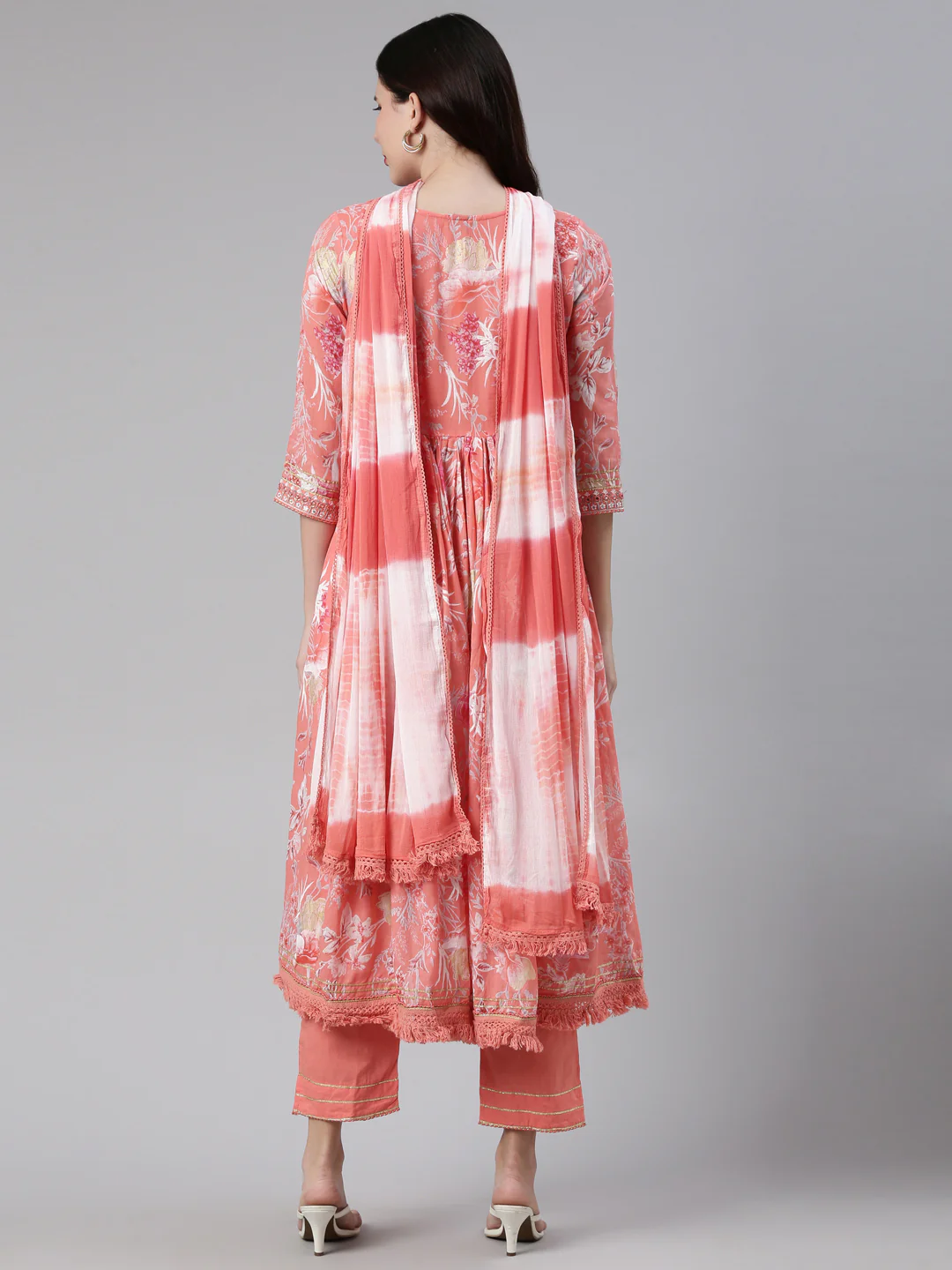 Neerus Floral Printed Thread Work Kurta with Trousers Dupatta - Image 3