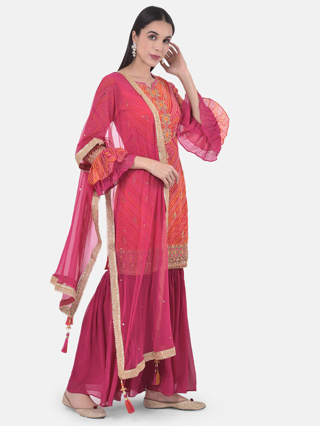 Neerus Fuchsia Bandhani Kurta With Sharara & Dupatta