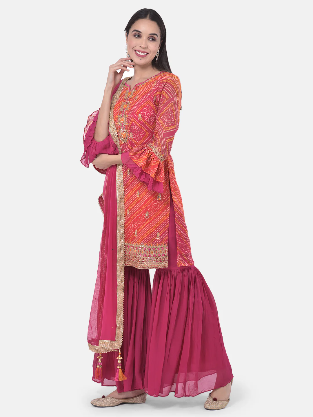 Neerus Fuchsia Bandhani Kurta With Sharara & Dupatta - Image 2