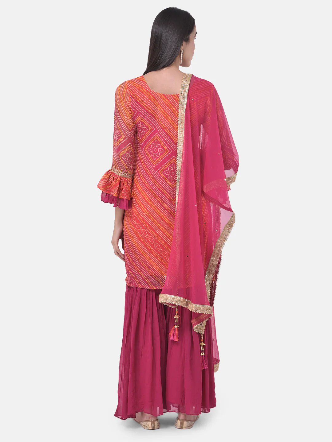 Neerus Fuchsia Bandhani Kurta With Sharara & Dupatta - Image 3