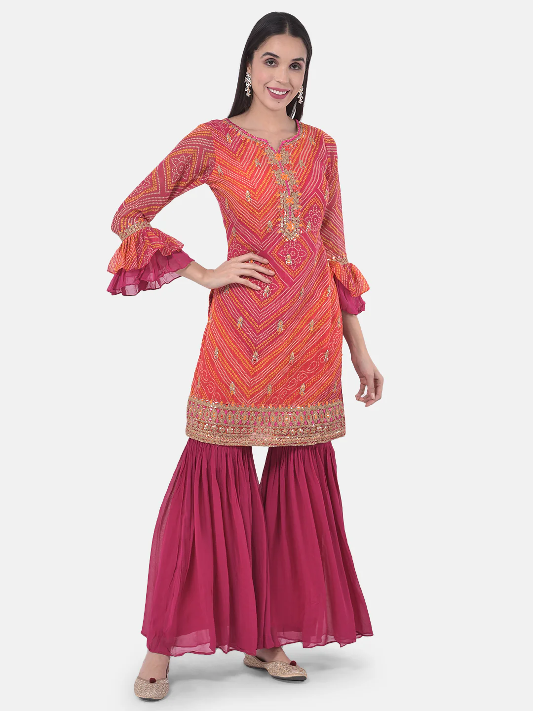 Neerus Fuchsia Bandhani Kurta With Sharara & Dupatta - Image 8