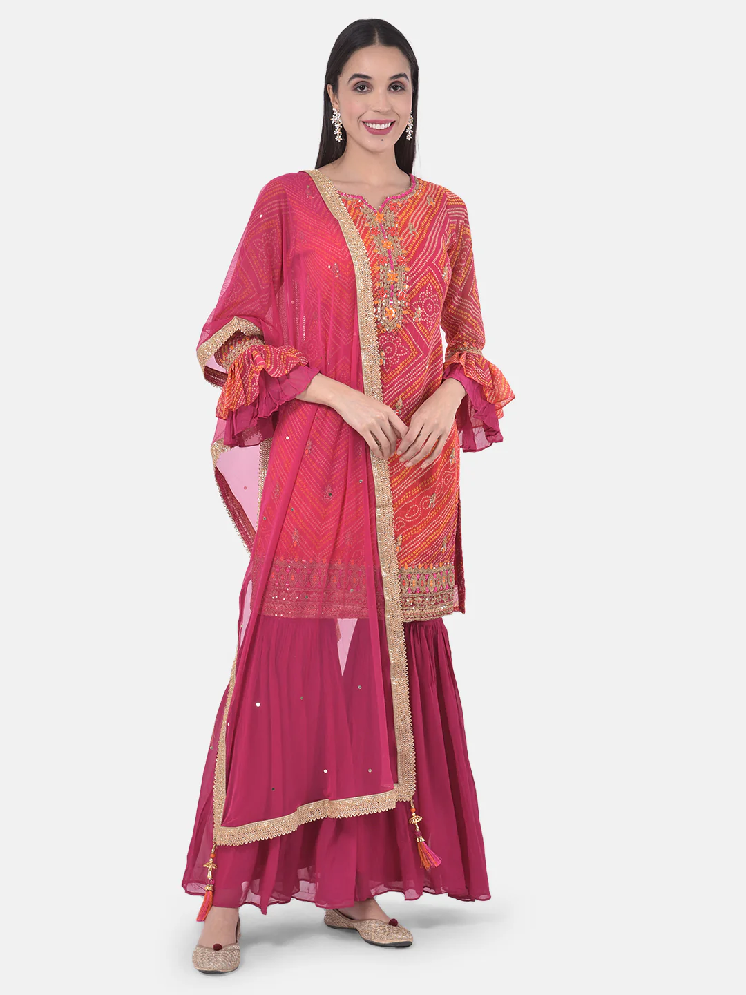 Neerus Fuchsia Bandhani Kurta With Sharara & Dupatta - Image 9