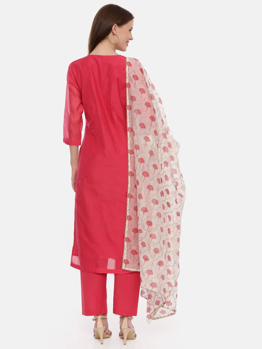 Neerus Fuchsia Embellished Kurta With Palazzo & Dupatta - Image 4