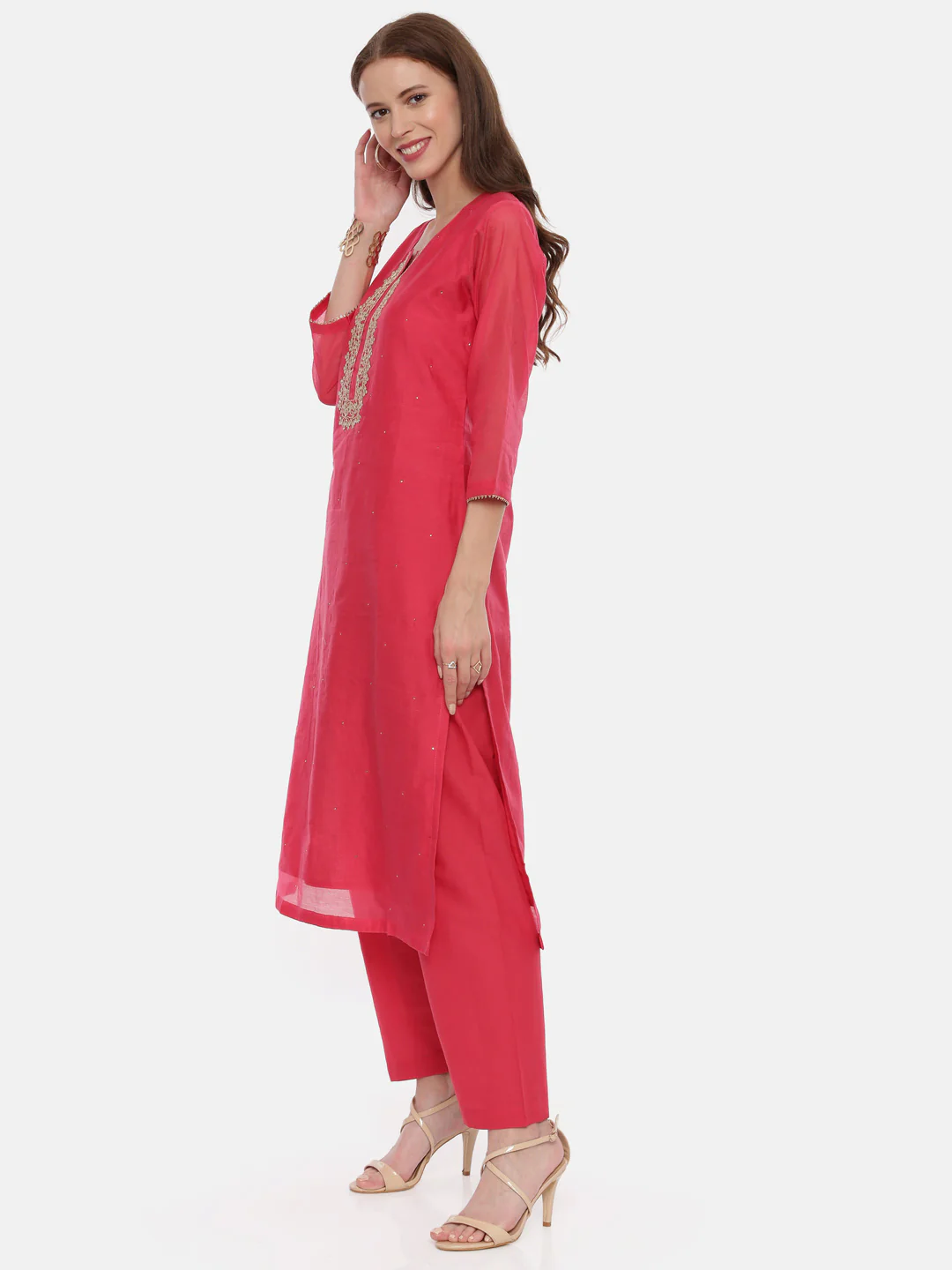 Neerus Fuchsia Embellished Kurta With Palazzo & Dupatta - Image 6