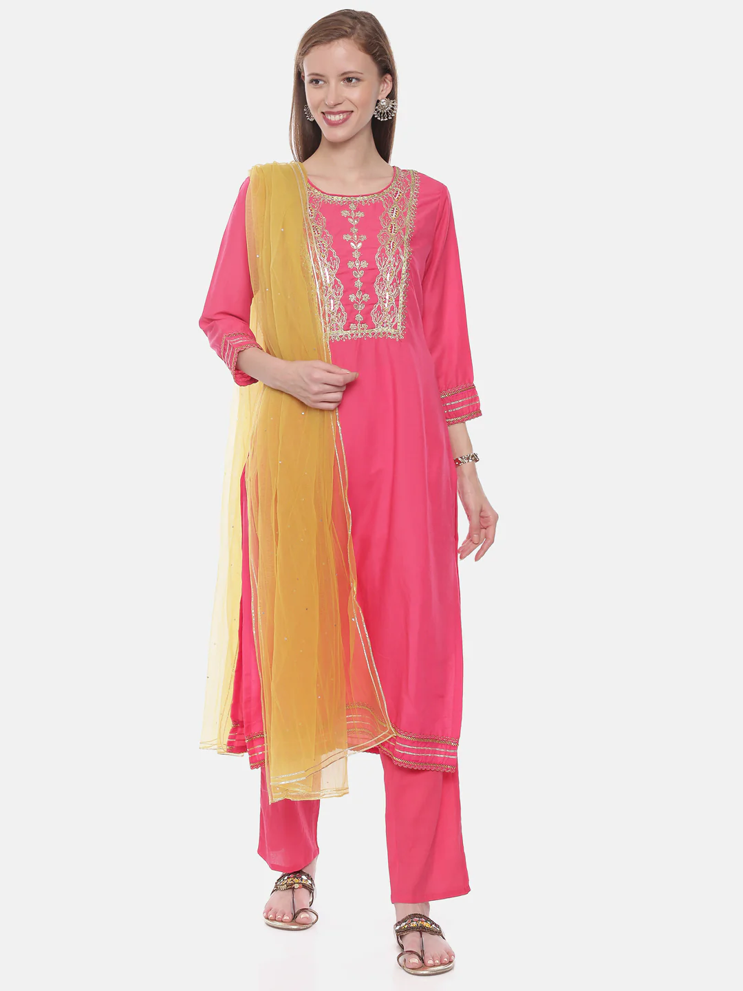Neerus Fushia Color Muslin Fabric Suit-Pant