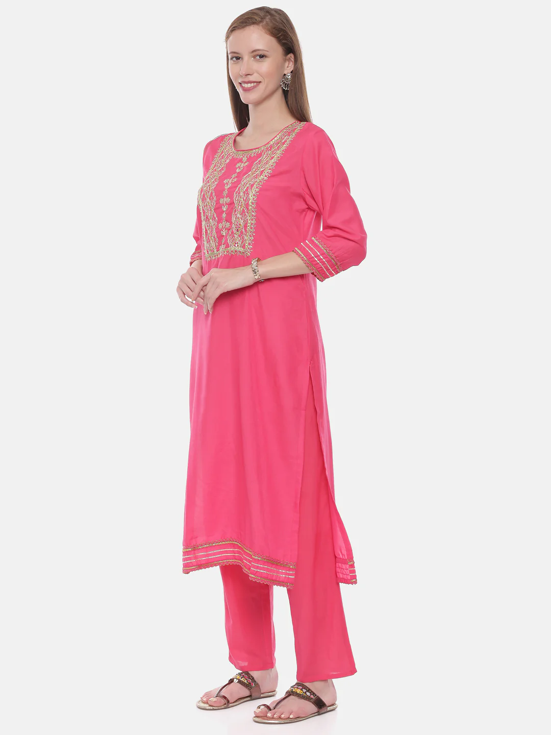 Neerus Fushia Color Muslin Fabric Suit-Pant - Image 4