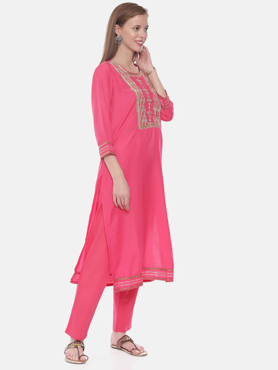 Neerus Fushia Color Muslin Fabric Suit-Pant - Image 5