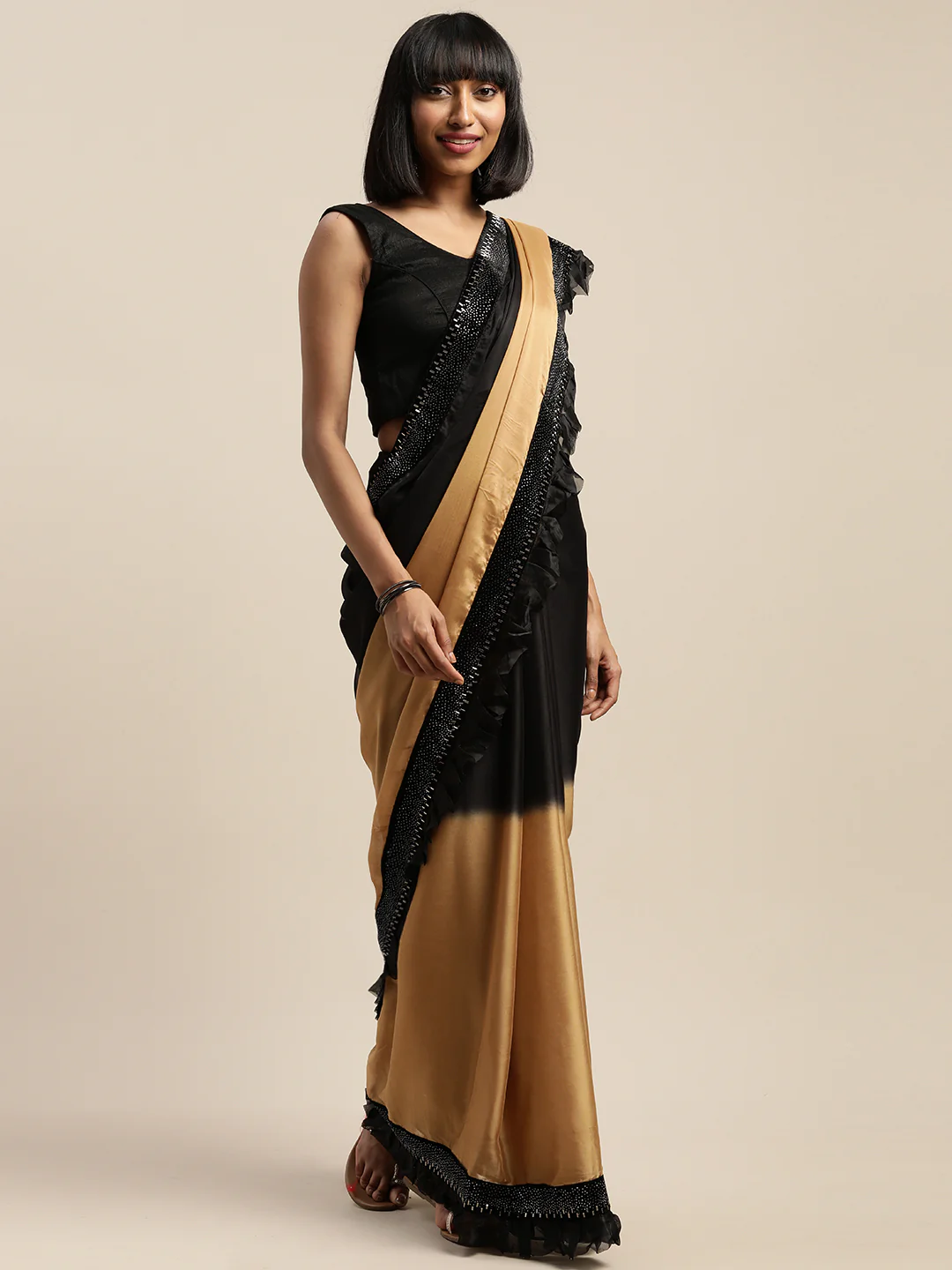 Neerus Gold & Black Embellished Saree With Blouse